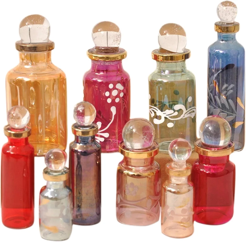 CraftsOfEgypt Genie Blown Empty Glass Mini Bottles for Perfume, Essential Oils or Potion - Set of 10 Decorative Small Vials, Each 2" High (5cm), Assorted Colors