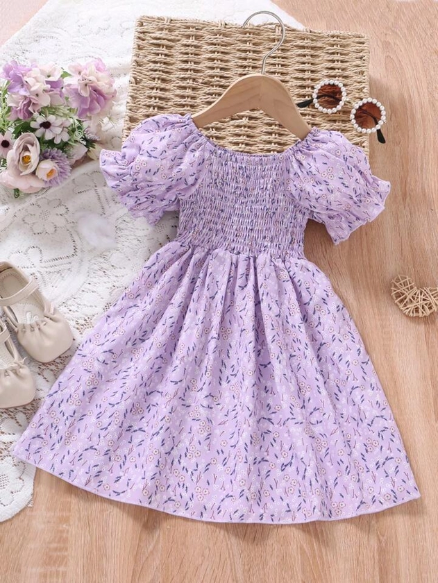 SHEIN Young Girl Ditsy Floral Print Puff Sleeve Dress
