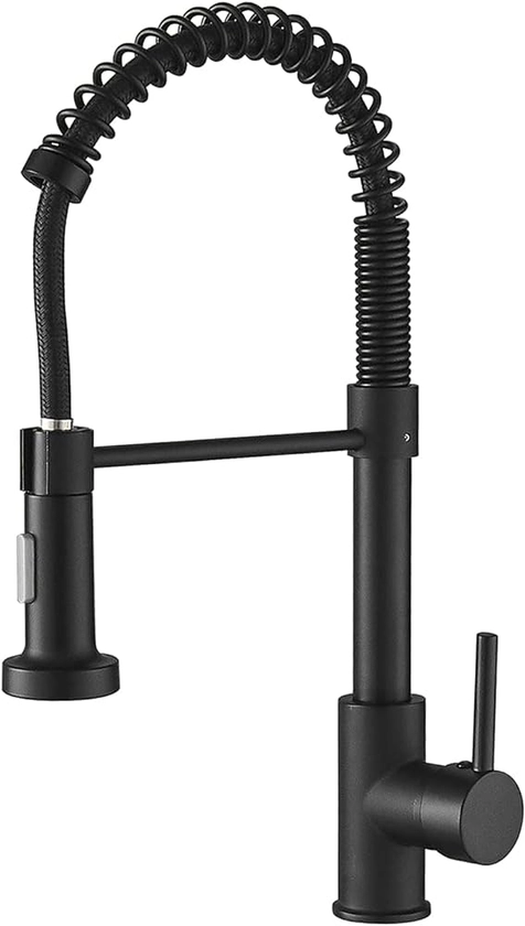 BESy Matte Black Kitchen Sink Tap, 2 Function Kitchen Sink Mixer Taps with Pull Down Spray, Brass High-Arc 360° Swivel Single Handle Spring Rv Kitchen Taps