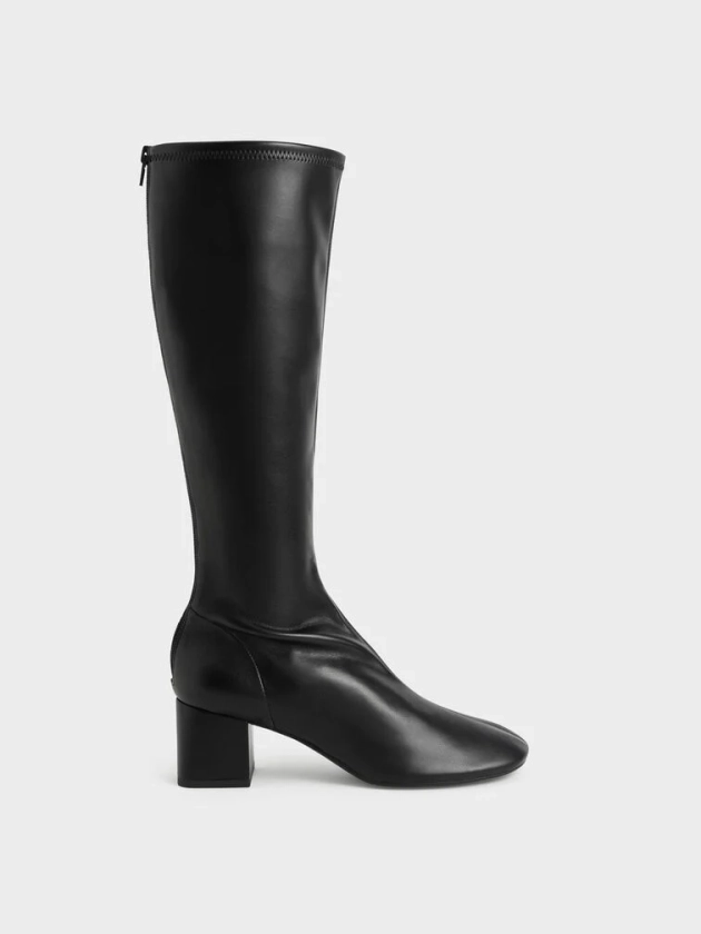 Bottes hauteur genoux à talon carré    
         - Noir