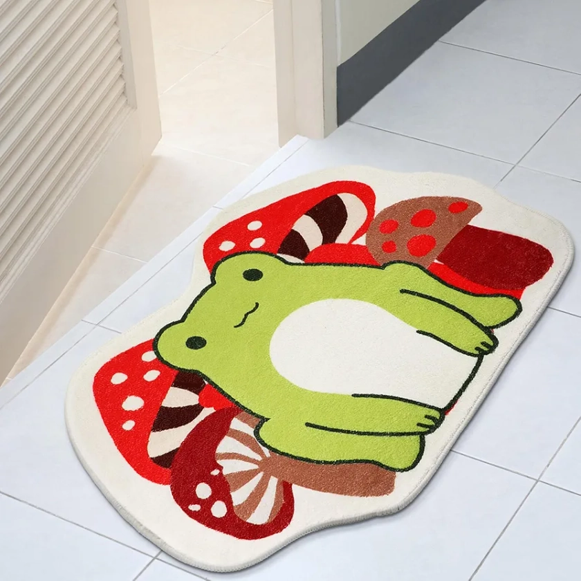 Timgle Cute Non Slip Red Mushroom and Frog Bath Rug 23.6''x16'' Absorbent Soft Washable Bath Mat Nonslip Thick Cashmere Imitation Bath Rug Machine Washable Mushroom Tufted Rug for Tub Shower Bathroom