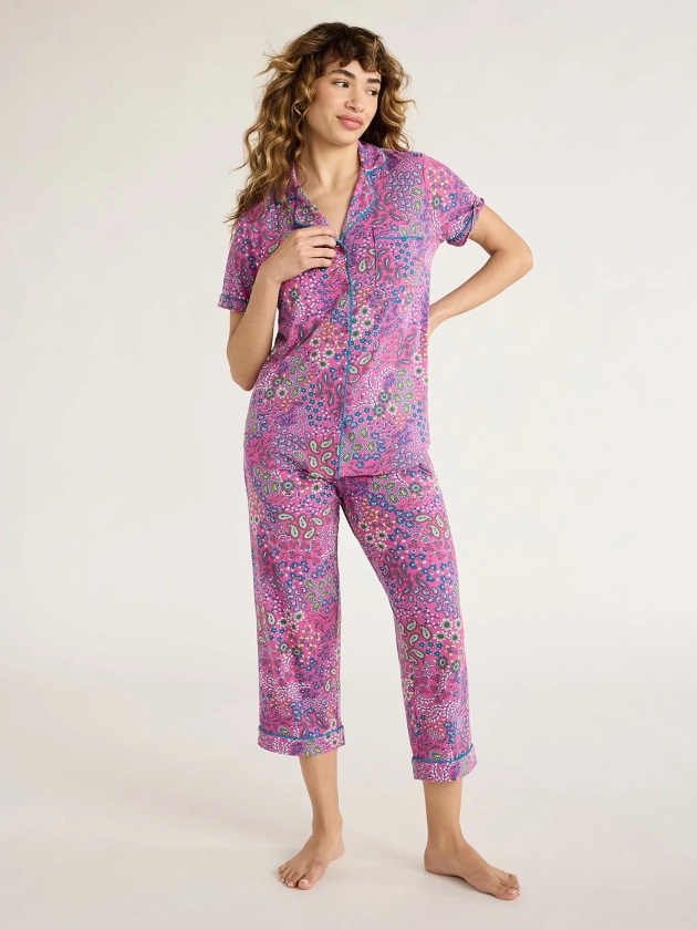 Joyspun Women's Knit Notch Collar Top and Capri Pants Pajama Set, 2-Piece, Sizes S to 3X