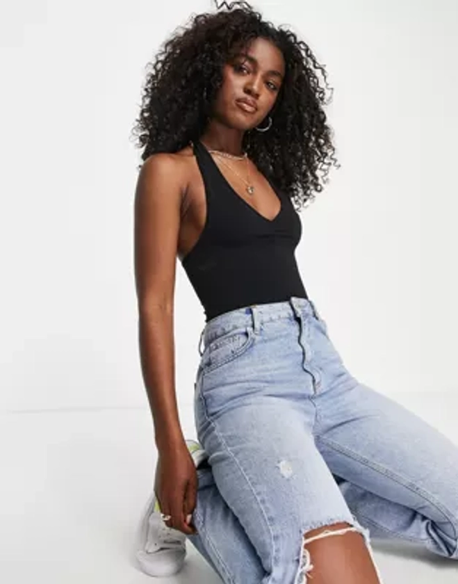 Miss Selfridge ruched bodysuit in black  | ASOS