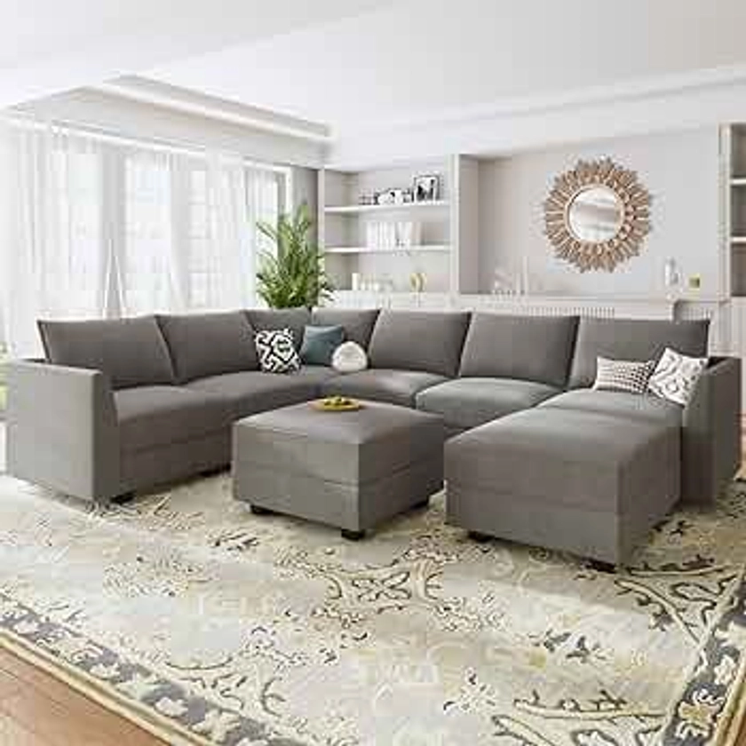HONBAY Modular Sectional Sofa with Storage Seat Oversized U Shaped Couch with Reversible Chaise Sectional Modular Sofa Set, Grey