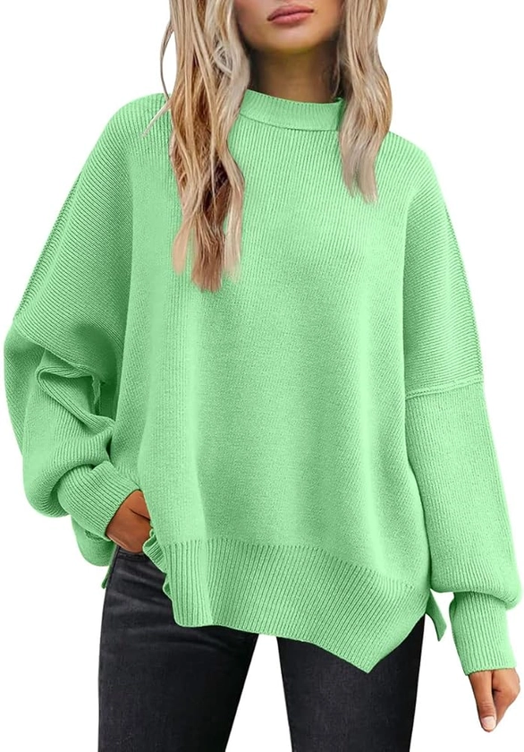 LILLUSORY Women's Oversized Batwing Sweaters 2024 Fall Outfits Crewneck Ribbed Knit Side Slit Trendy Pullover Tops LightGreen M at Amazon Women’s Clothing store