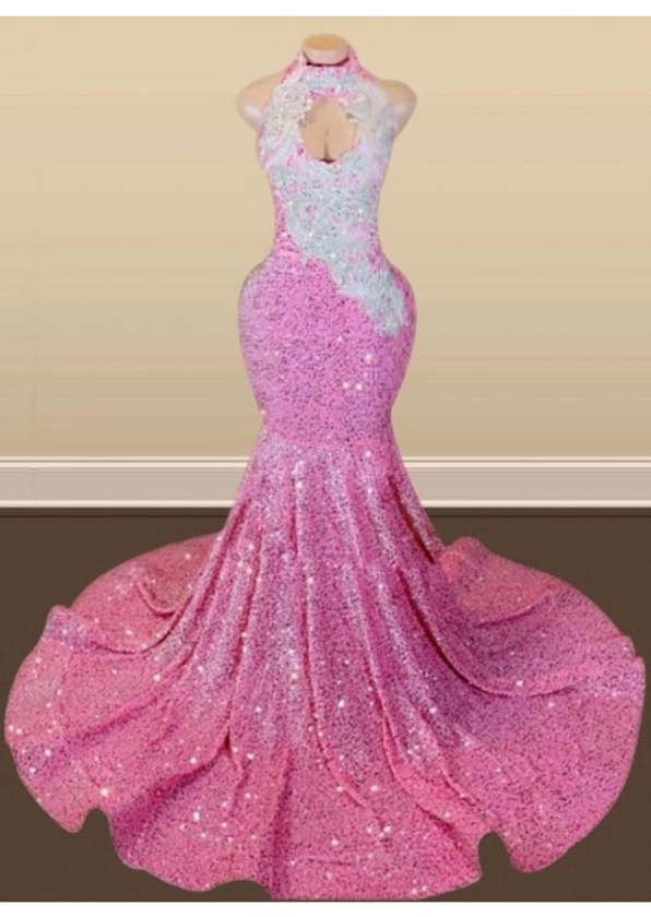 Pink Halter Sequins Long Mermaid Prom Dresses 2024