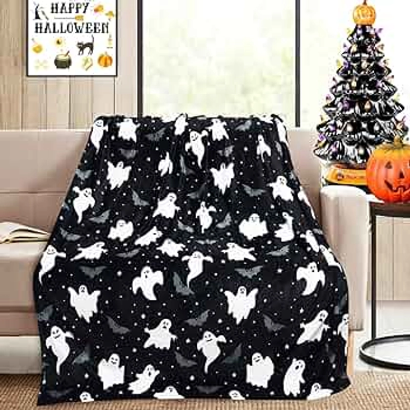 Cute Halloween Ghost Bat Blanket, Spooky Halloween Blankets and Throws, Halloween Fleece Throw Blanket, Halloween Throws Gifts for Kids, Black, 50" x 60"