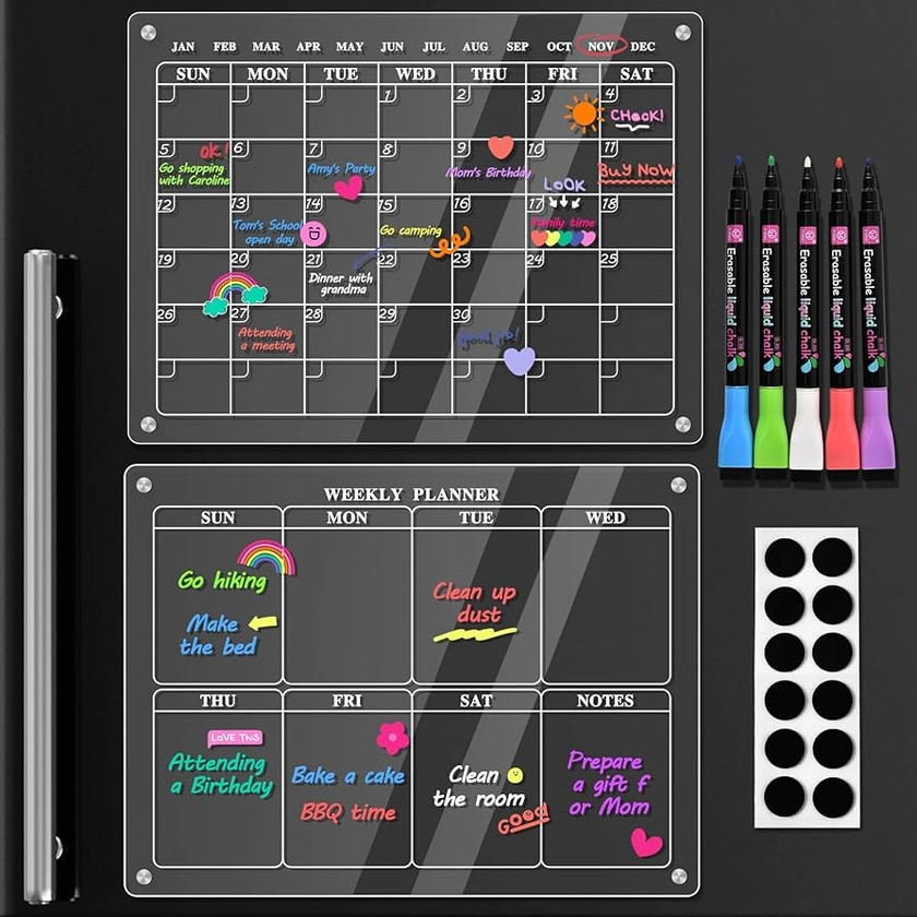 Acrylic Calendar for Fridge - 2 Set Magnetic Calendar for Fridge, Fridge Calendar Monthly and Weekly Acrylic Calendar for Wall, Reusable Dry Erase Calendar Includes 5 Markers 5 Colors(16"x12"Inches)