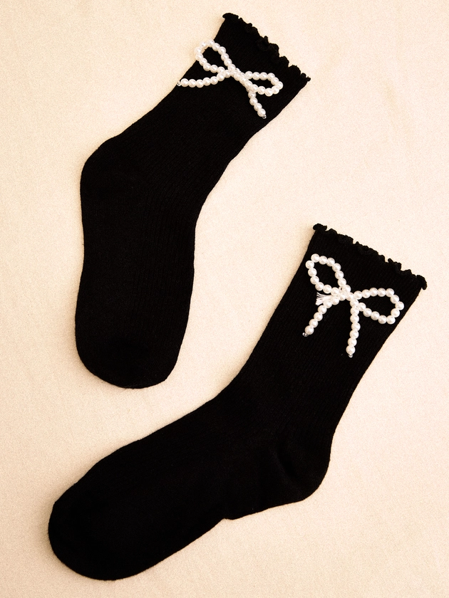 Pearl Bow Embellished Socks | Apricot Clothing