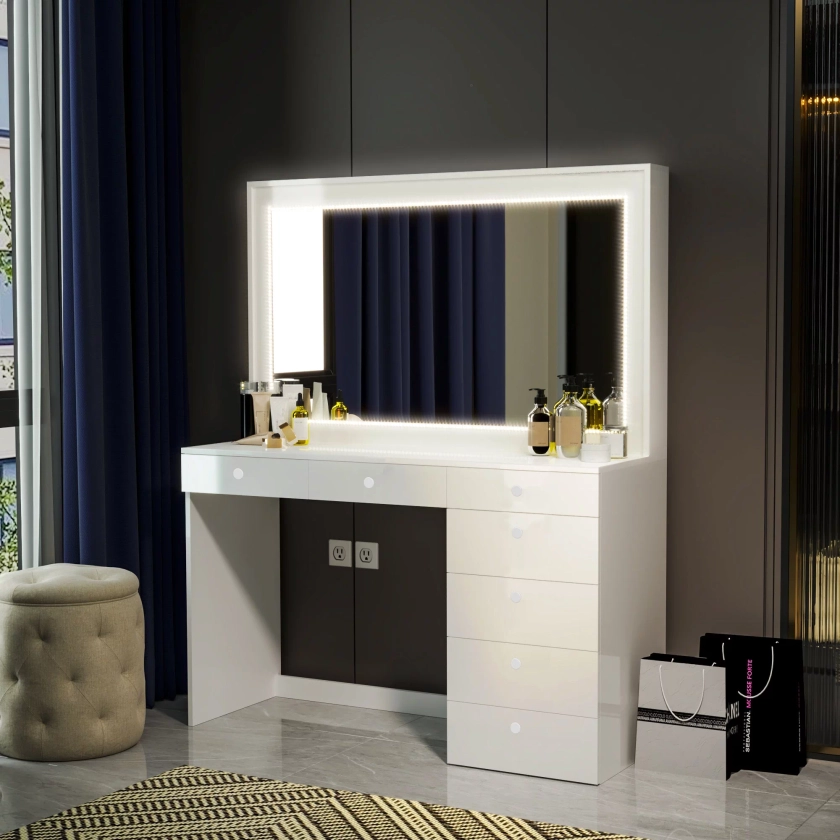 Ember Interiors Ellie Modern White Painted Vanity Table, LED Lights, for Bedroom