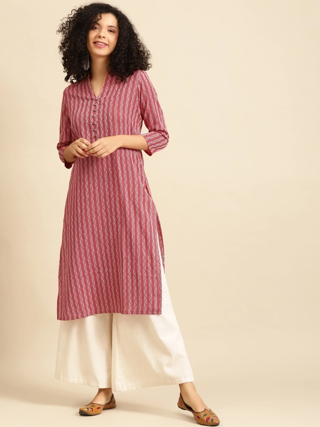 anayna Women Red & White Striped Kurta