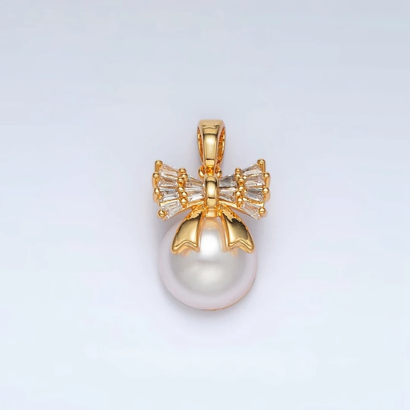 Mini Gold Baguette Bow Charm With Faux Pearl Charm AA1408 - Etsy