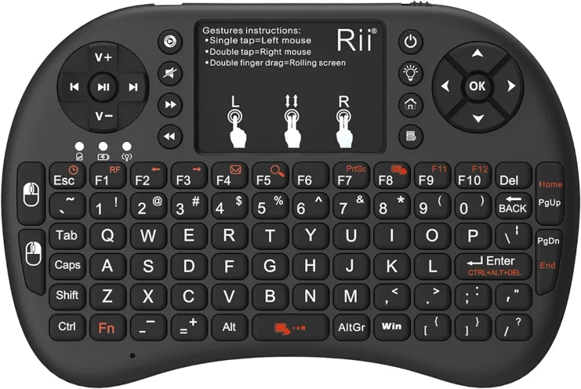 Rii Mini clavier sans fil 2,4 GHz avec pavé tactile et clavier QWERTY, clavier portable rétroéclairé avec télécommande pour ordinateur portable/PC/tablettes/Windows/Mac/TV/Xbox/PS3/Raspberry Pi (Noir)