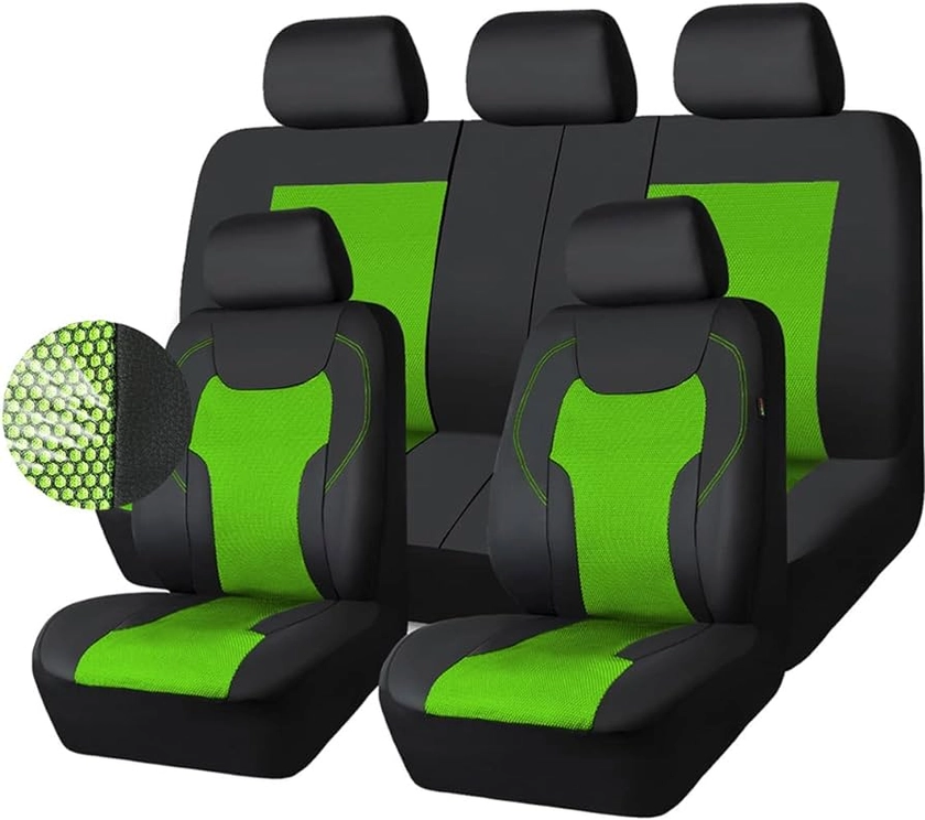 CAR-GRAND Leather Car Seat Covers Full Set, Airbag Compatible Breathable Air Mesh Car Seat Covers, Universal Fit Seat Covers Cushion Protector for Cars Trucks SUV Pick-up Sedan Interior (Black Green)