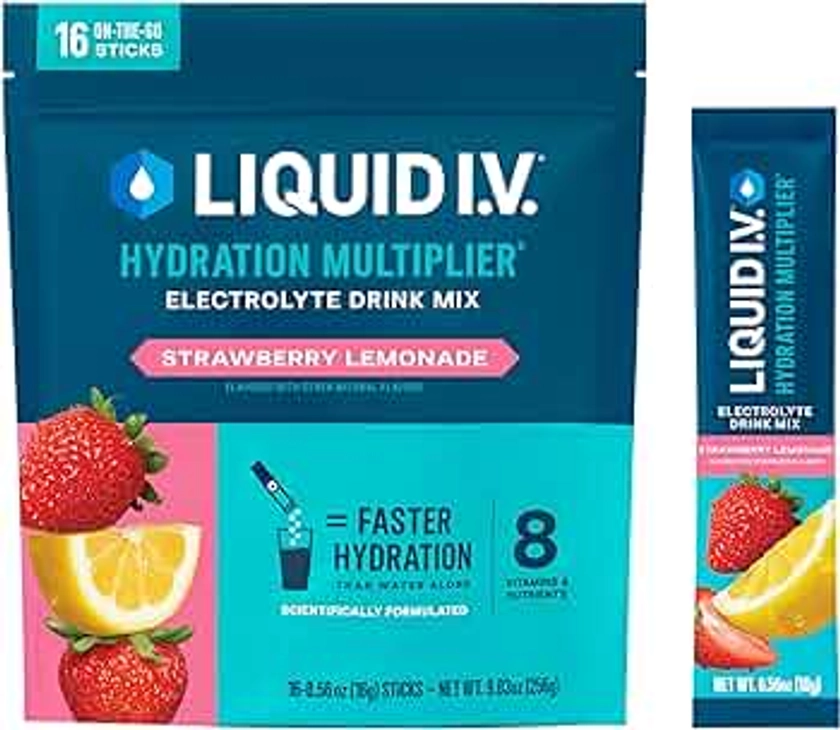 Liquid I.V.® Hydration Multiplier® - Strawberry Lemonade - Hydration Powder Packets | Electrolyte Powder Drink Mix | Convenient Single-Serving Sticks | Non-GMO | 16 Servings (Pack of 1)