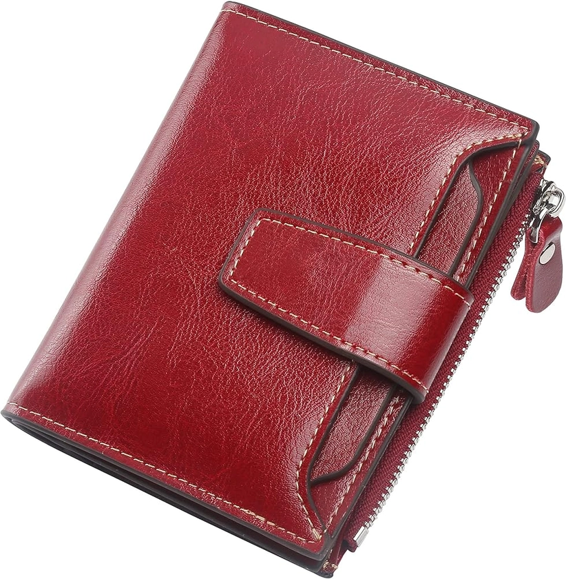 Lavemi Small Compact Women Wallet RFID Blocking Genuine Leather Bifold Purse with ID Windows(Dark Red)