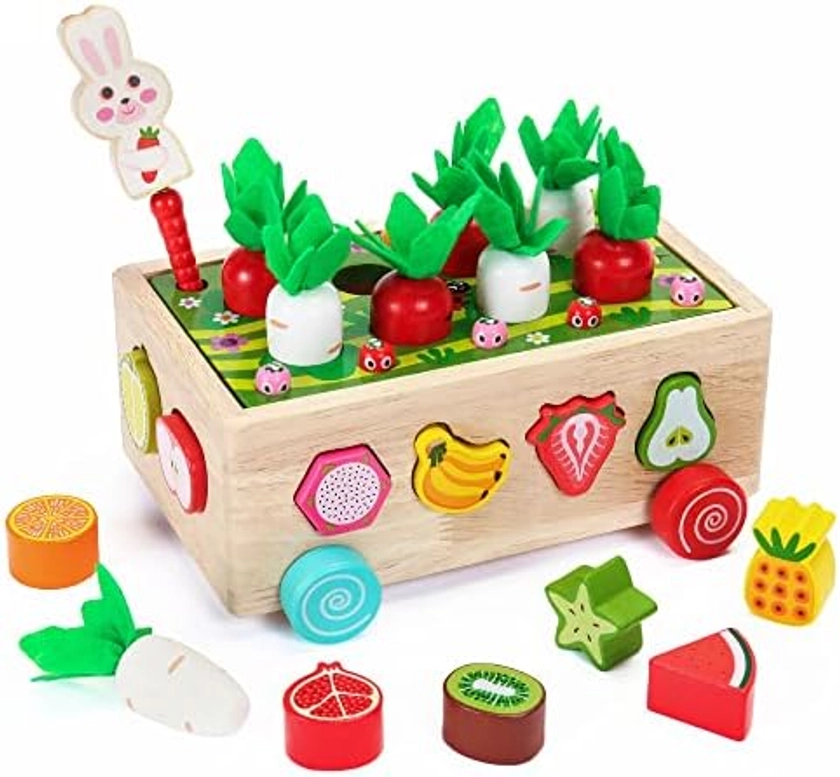 Montessori Toys for Toddlers, Wooden Carrot Pulling Baby Toy 12-18 Months, Learning & Educational Shape Sorter Games for Fine Motor Skill, Birthday Gifts for 1 2 3 Year Old Boy Girl