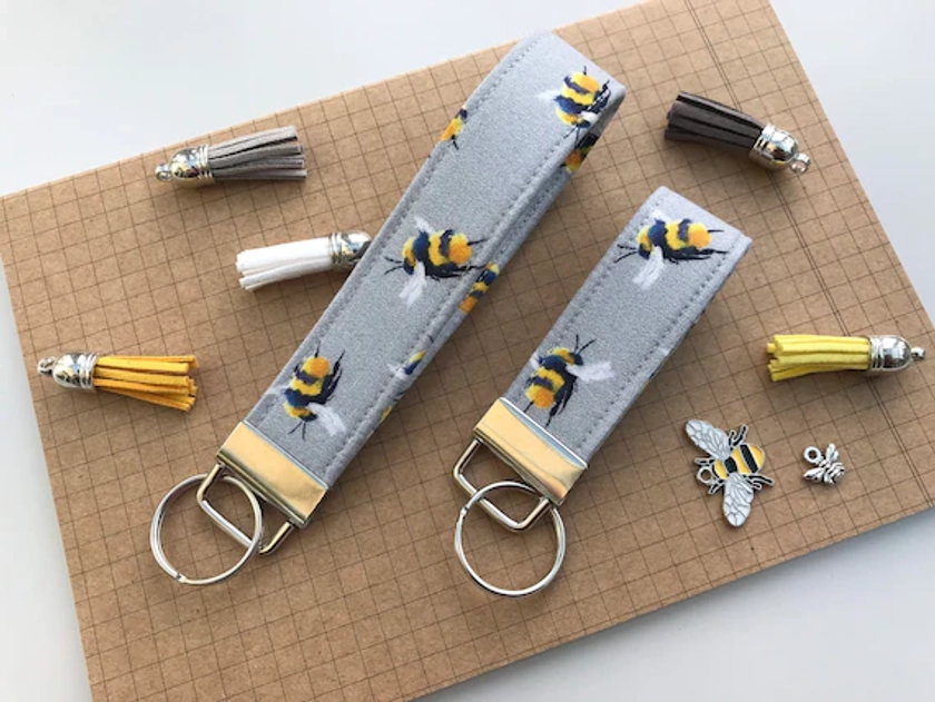 Keyfob or wristlet key chain - Grey Bee fabric