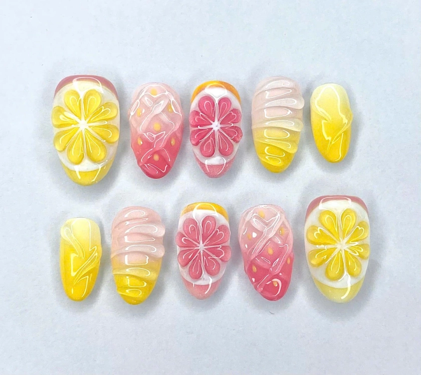 Limited Strawberry And Orange 3D Gel Press On Nails, Handmade Y2k Style Faux Acrylic Design Nails, Custom Nails, Halloween, Party Gifts