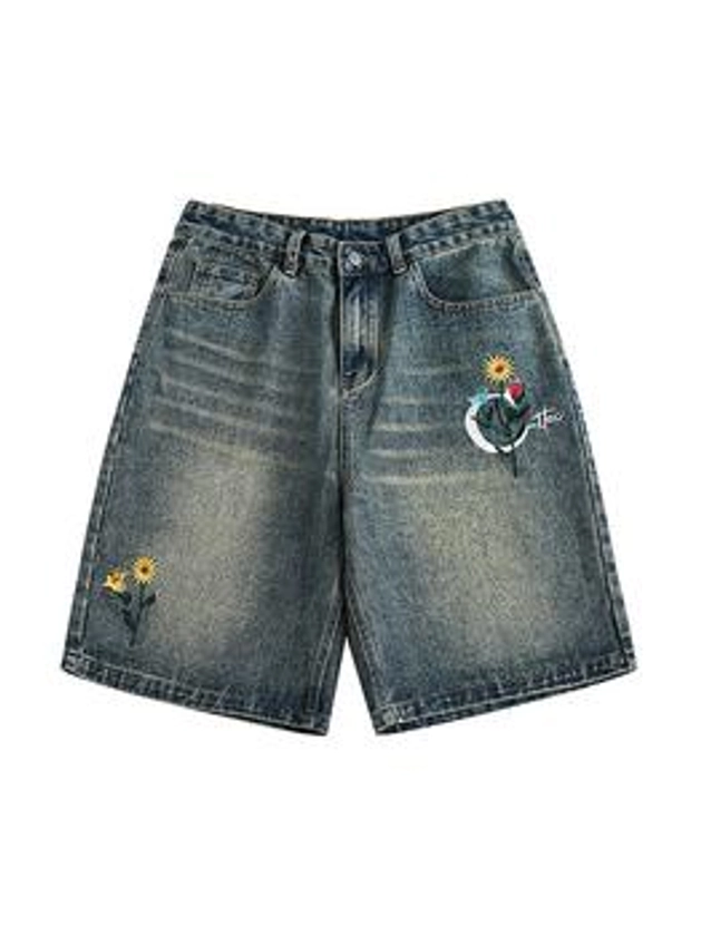 Men's Embroidered Loose Denim Shorts