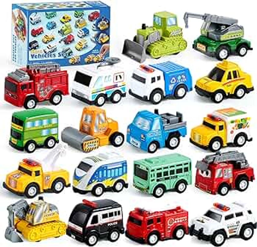 JOYIN 18 Pcs Pull Back City Cars and Trucks Toy Vehicles Set, Friction Powered Cars Toys for Toddlers, Boys, Girls’ Educational Play, Goodie Bags Stuffers