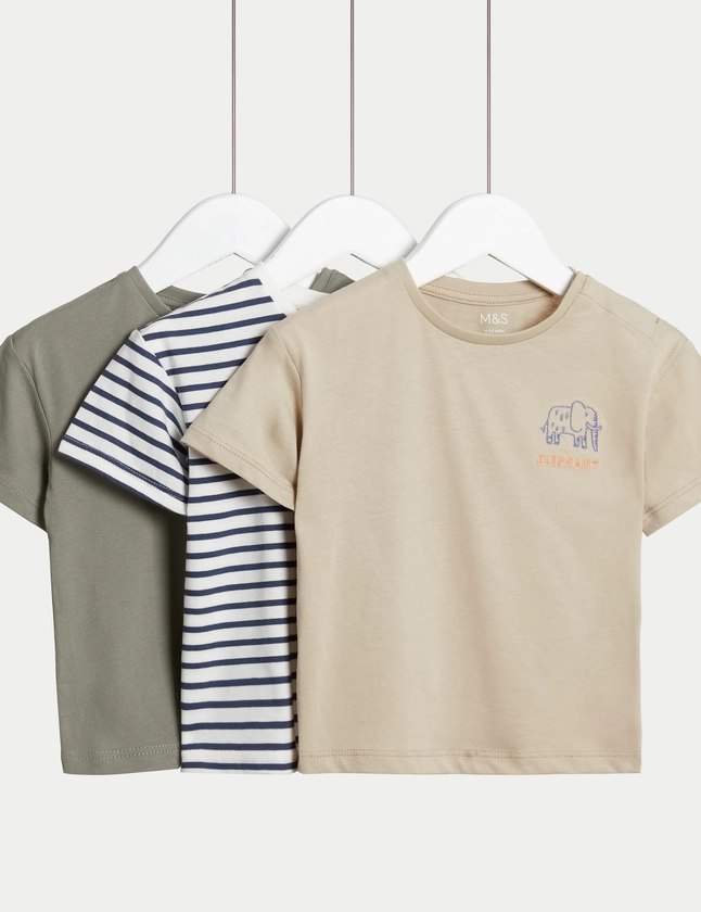 3pk Pure Cotton Striped & Elephant T-Shirts (0-3 Yrs) | M&S Collection | M&S