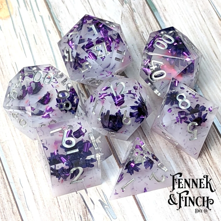 Antidote 7pc Dice Set, D&D dice, Sharp Edge Dice, Dungeons and Dragons, real flower dice, nature dice, purple dice, D20 TTRPG, DnD Gifts