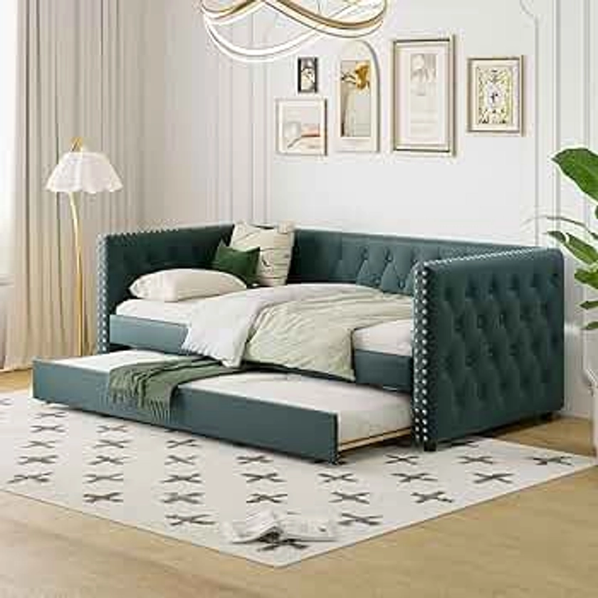 Merax Twin Size Tufted Upholstered Daybed with Trundle, Velvet Sofabed with Rivet Design, No Box-Spring Needed,Green