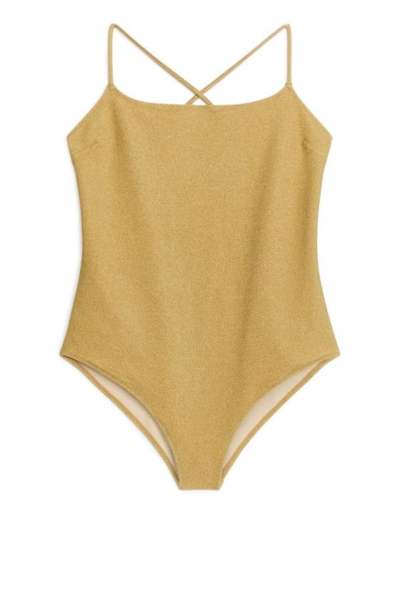 Glittery Swimsuit - Square neckline - Sleeveless - Gold - Ladies | H&M GB