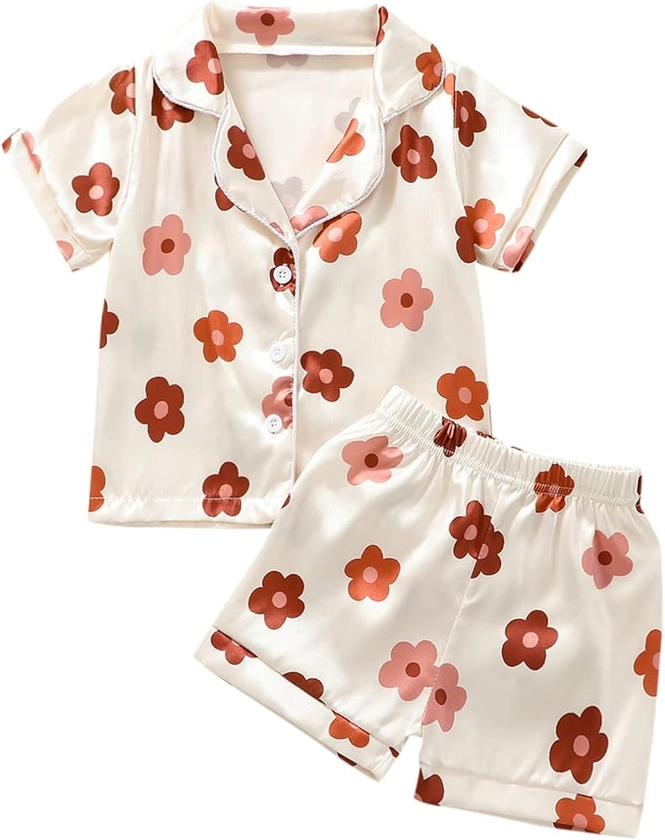Qiylii 1-6Y Toddler Girls Floral Silk Pajamas Short Sleeve Button-Up Top Shorts Summer 2PC Flowers Satin Pajamas Set