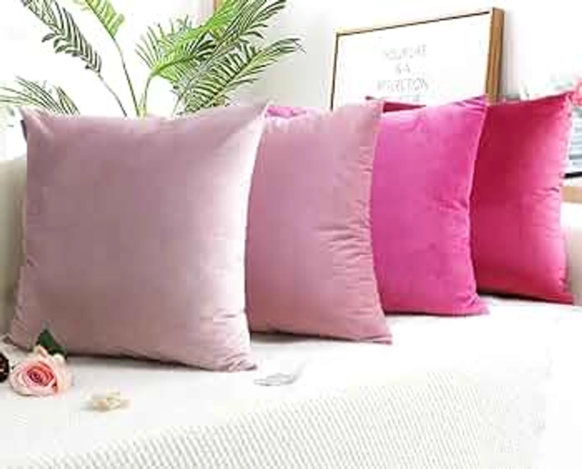MEKAJUS Pink Throw Pillow Covers 18x18 Set of 4 Velvet Soft Square Couch Pillowcase for Patio Sofa Bed Bedding Living Room (Pink)