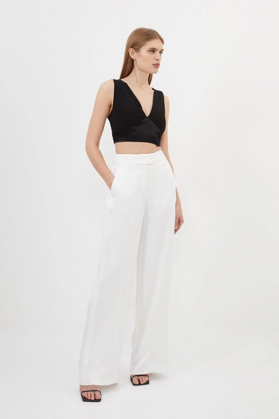 Tailored Viscose Satin Back Crepe Wide Leg Trousers | Karen Millen