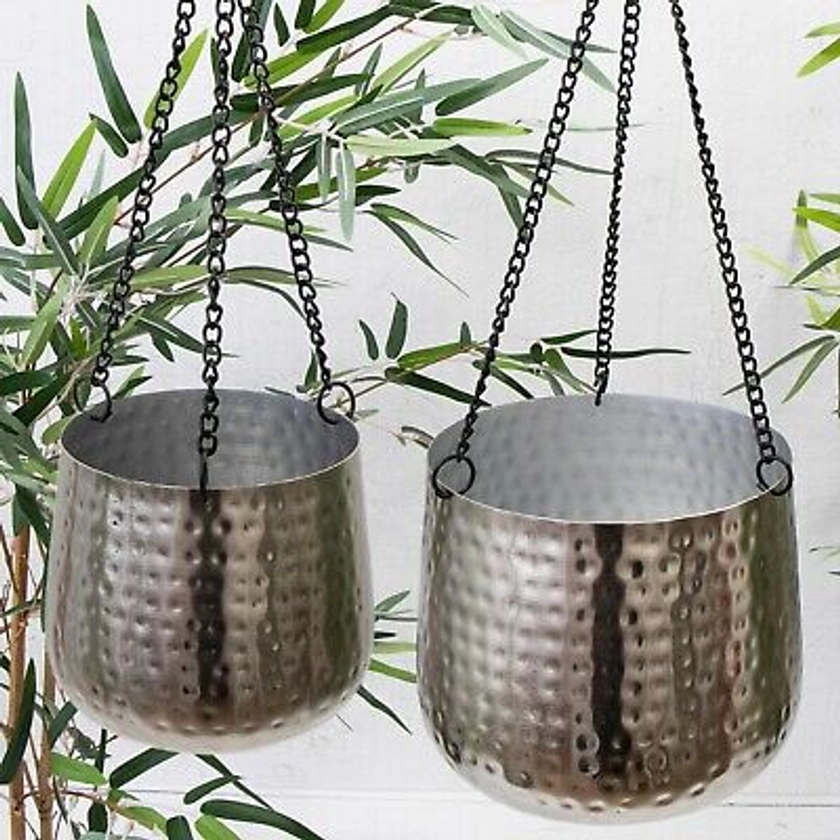 Silver Metalic Metal Hammered Hanging Flower Basket Pot Planter Indoor / Garden | eBay