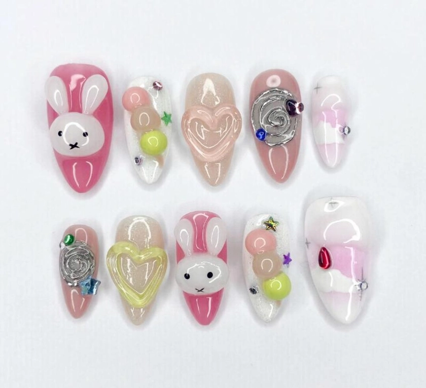 Sweet Pink Bunny Press on Nails, Pink Girls Cute Y2k 3D Gel Design, Wear Nail, Long, Round, Wedding Nails Almond Party Nails Gift for Her - Etsy