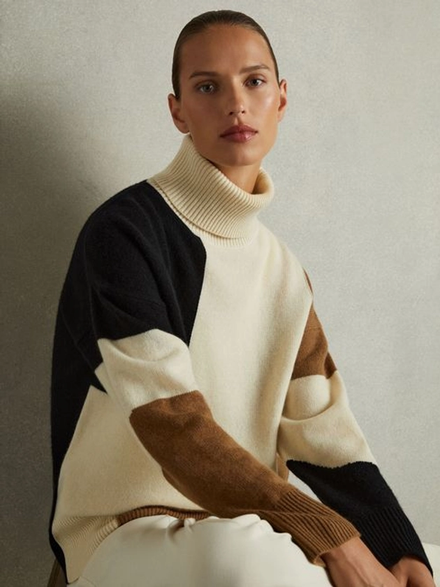 Wool and Cashmere Colourblock Intarsia Jumper in Cream/Brown - REISS