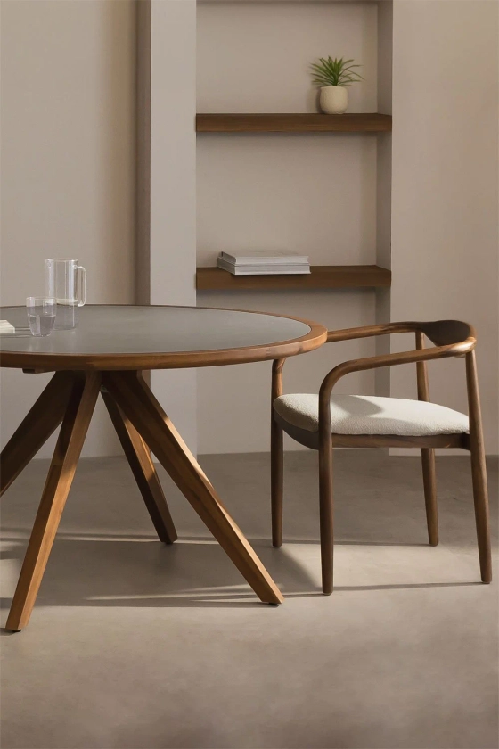 Table à manger ronde en ciment et bois d'acacia (Ø130 cm) Gamila