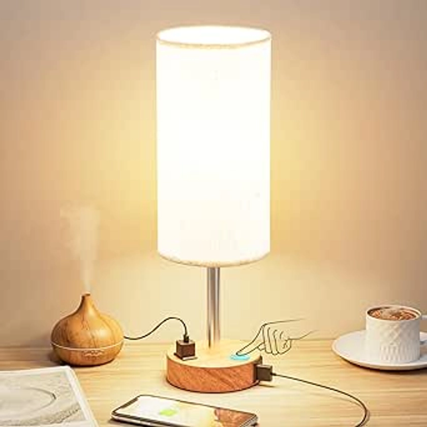Bedside Table Lamp for Bedroom Nightstand - 3 Way Dimmable Touch Small Lamp USB C Charging Ports and AC Outlet, Wood Base Round Flaxen Fabric Shade for Living Room, Office Desk, LED Bulb Included - Amazon.com