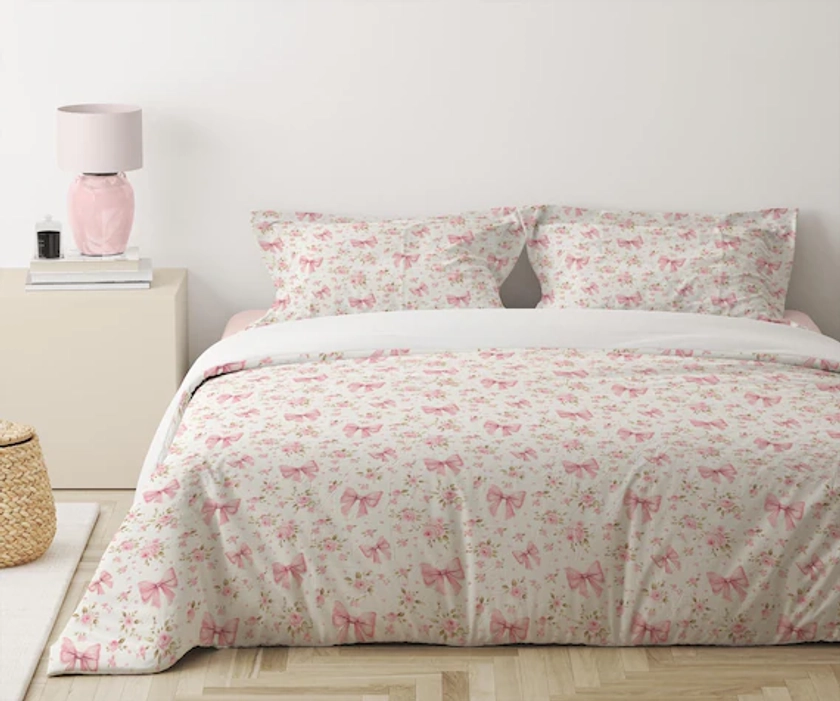 Pink Floral Coquette Bedding Set, Pink Duvet Cover Set, Pink Bow Bedding Twin, Dorm Bedding, Coquette Comforter, Queen, King, Cute Bedding