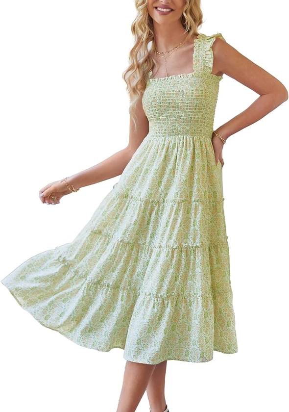 BTFBM Womens Summer Boho Smocked Beach Dresses Sleeveless Shoulder Strap Floral Flowy Tiered Party Midi Casual Sundress(Print Grass Green, Small) at Amazon Women’s Clothing store