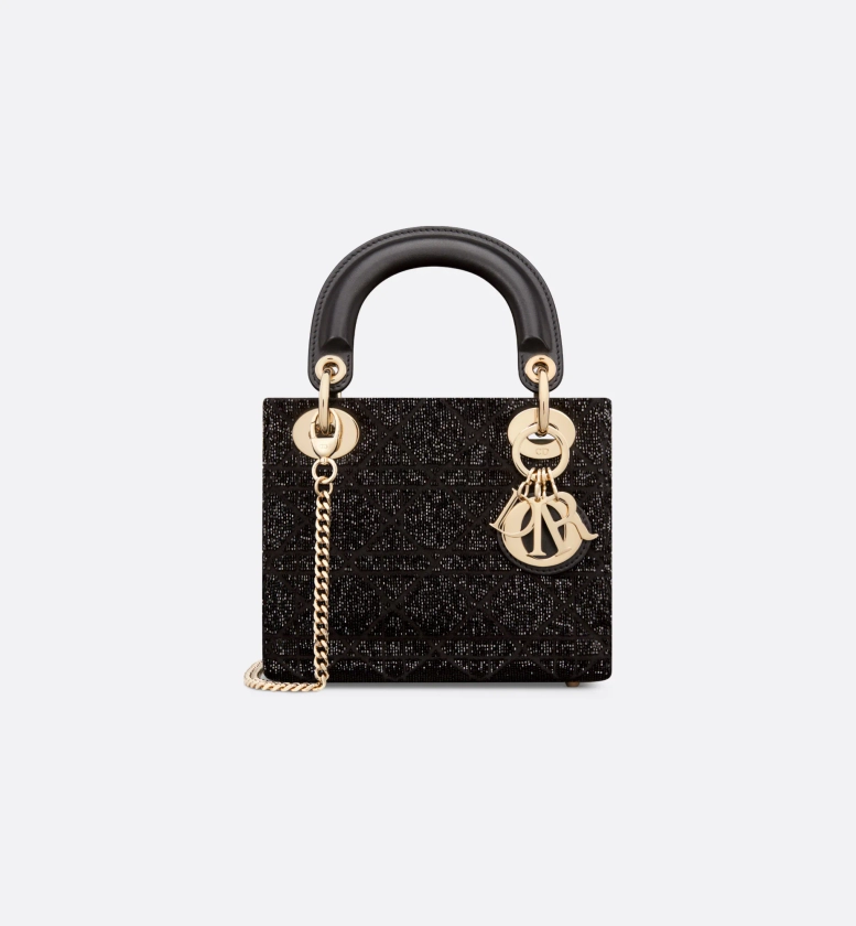 Sac Lady Dior Mini Coton brodé de micro perles à motif Cannage noir | DIOR