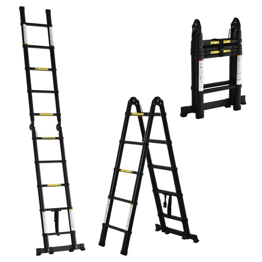 Ladders | 3.2m Extendable Aluminium Ladder, Portable 10 Step Ladder, Black | DURHAND