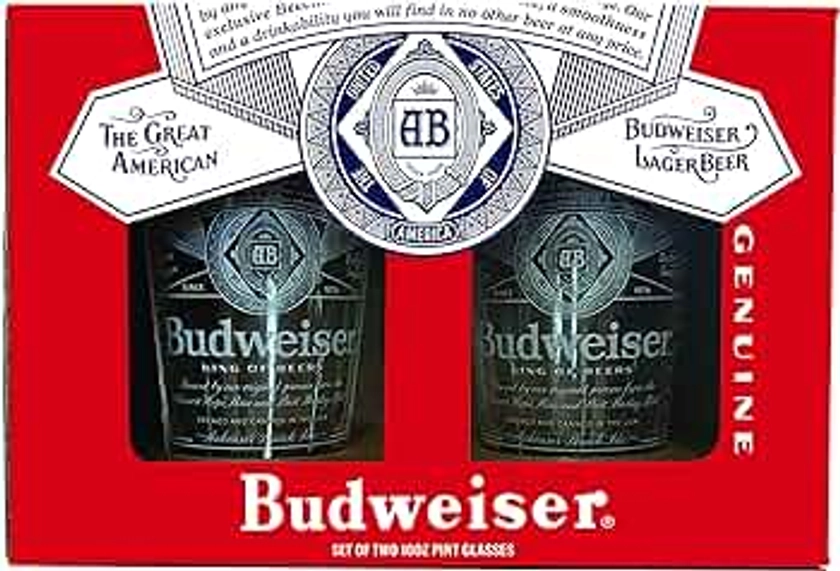 Budweiser Pint Glasses, Beer Glass Set for Beverages, Soda, Water, Holds 16 Ounces, 2 Pack