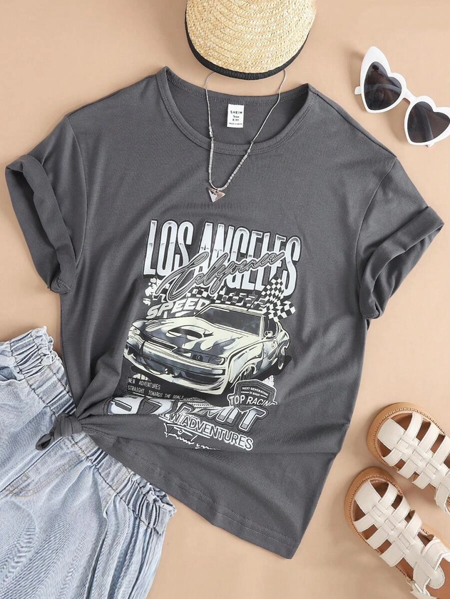 SHEIN Teen Girls Car & Letter Graphic Tee