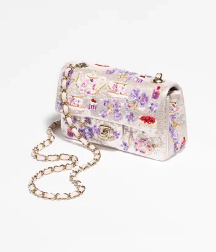 Mini classic handbag, Embroidered satin, sequins, glass beads, strass & gold-tone metal, white, pink, purple & red — Fashion | CHANEL