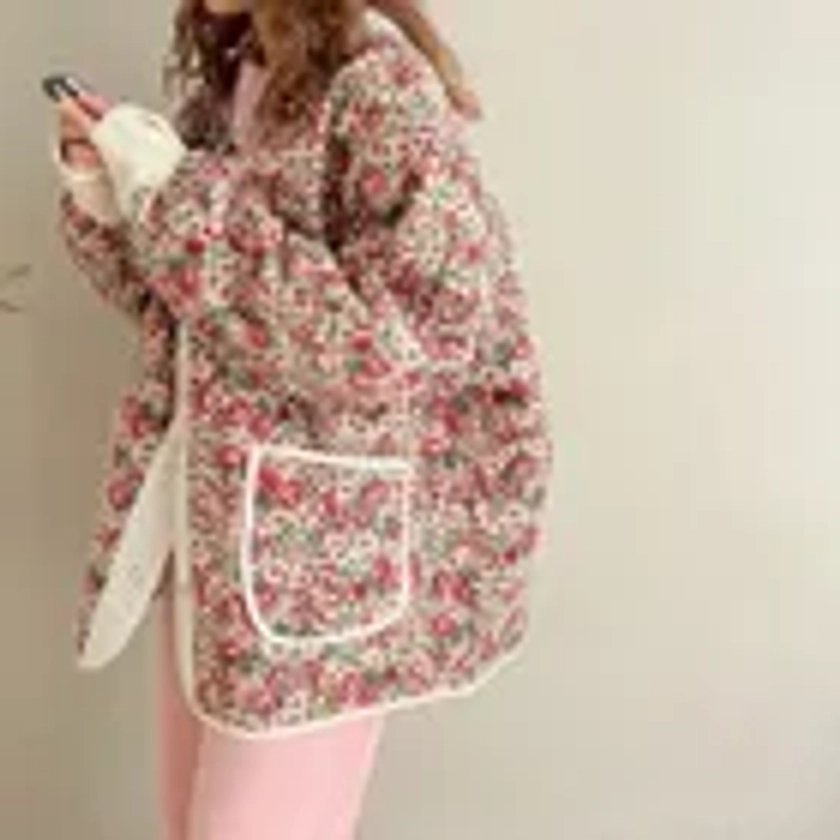 INEN - V-Neck Floral Print Quilted Button Jacket | YesStyle