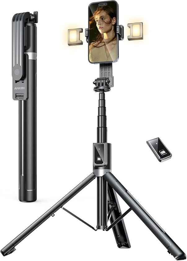 ANXRE 60" Phone Tripod with 2 Lights,[All in 1] Selfie Stick Tripod with Detachable Remote, Phone Tripod Stand for Filming Compatible with 4''-7'' iPhone Samsung Android for Travel Video Record