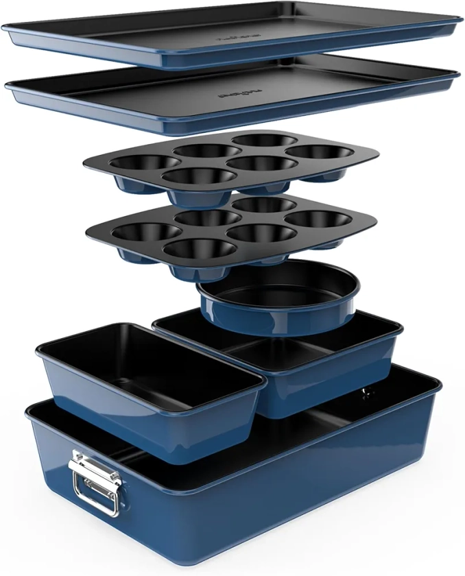 NutriChef 8-Piece Nonstick Stackable Bakeware Set - PFOA, PFOS, PTFE Free Baking Tray Set w/Non-Stick Coating, 450°F Oven Safe, Round Cake, Loaf, Muffin, Wide/Square Pans, Cookie Sheet (Blue)