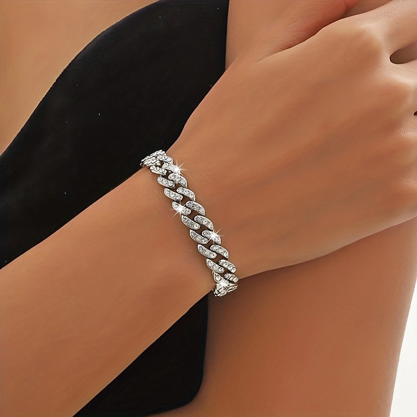 Luxury Glitter Rhinestone Cuban Chain Bracelet Women's Punk Unisex Hand Jewelry Gift