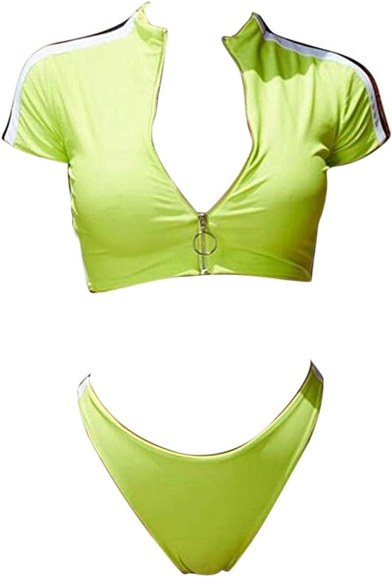 TSWRK Women's Rash Guard Short Sleeve High Waist 2 Piece Sporty Bikini Bathing Suits Fluorescent Green at Amazon Women’s Clothing store