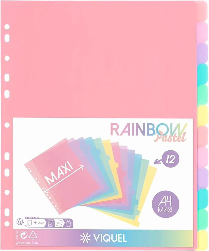 Viquel - Lot de 12 intercalaires en plastique Rainbow Pastel - Maxi format (24,5x30,5cm) - Pour classeur A4 Maxi format ou classeur à levier - Coloris pastel